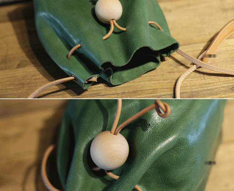 Cute Womens Green Leather Small Bucket Shoulder Bag Drawstring Green Small Bucket Crossbody Purse