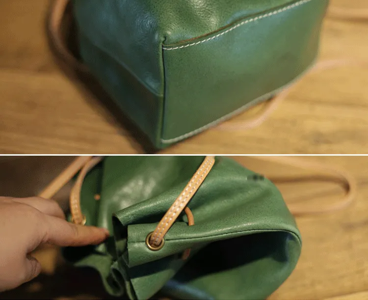 Cute Womens Green Leather Small Bucket Shoulder Bag Drawstring Green Small Bucket Crossbody Purse