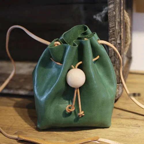 Cute Womens Green Leather Small Bucket Shoulder Bag Drawstring Green Small Bucket Crossbody Purse