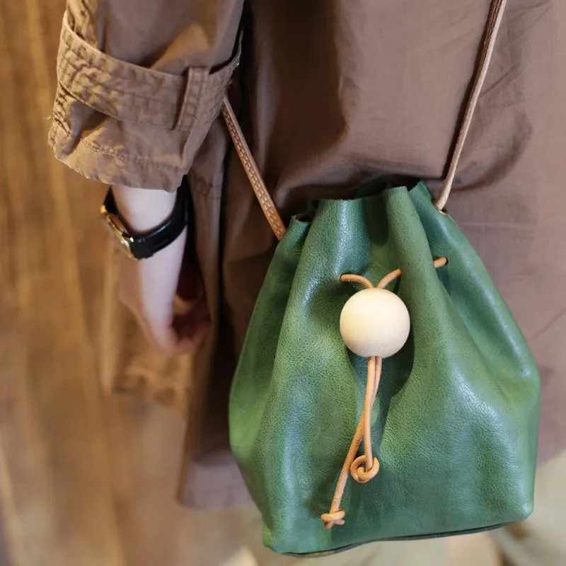 Cute Womens Green Leather Small Bucket Shoulder Bag Drawstring Green Small Bucket Crossbody Purse