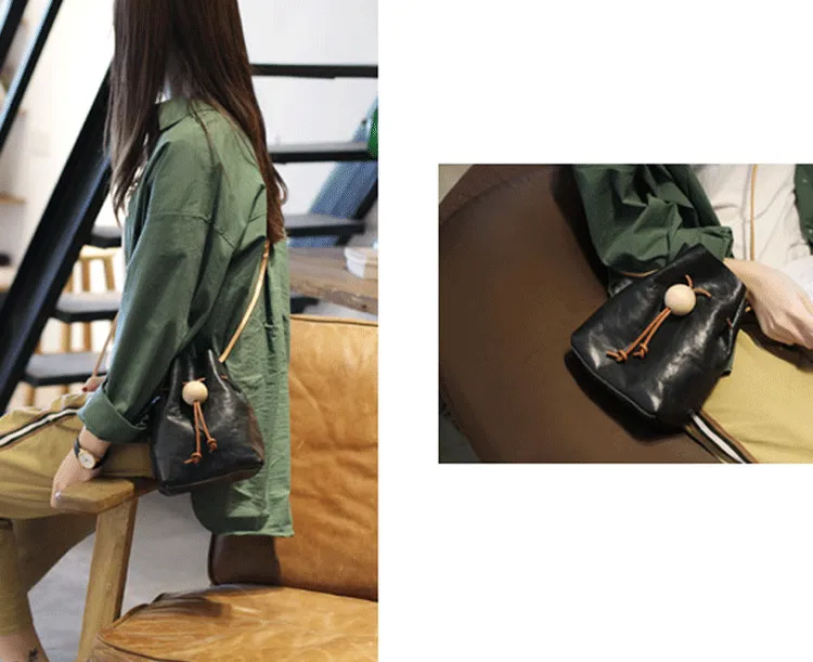 Cute Womens Green Leather Small Bucket Shoulder Bag Drawstring Green Small Bucket Crossbody Purse