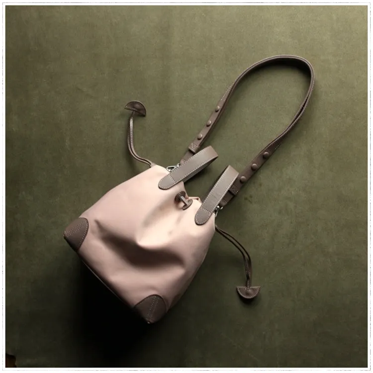 Cute Womens Navy&Khaki NYLON Bucket Handbag Purse Barrel NYLON Shoulder Bag Crossbody Purse for Ladies