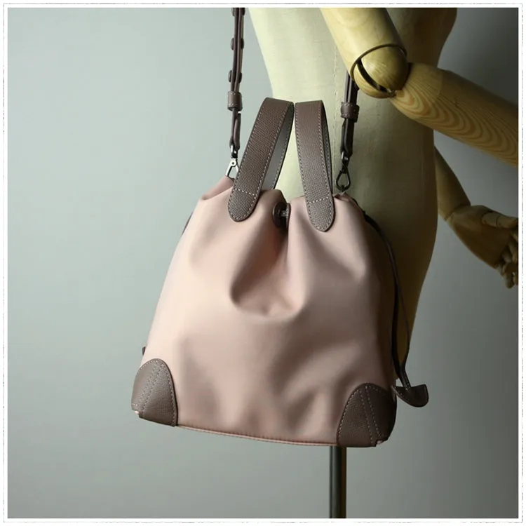 Cute Womens Navy&Khaki NYLON Bucket Handbag Purse Barrel NYLON Shoulder Bag Crossbody Purse for Ladies