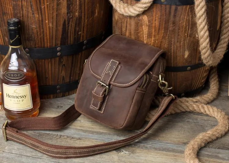 Dark Brown Casual Leather Mens Small Side Bag Messenger Bag Waist Bag Belt Pouch for Men