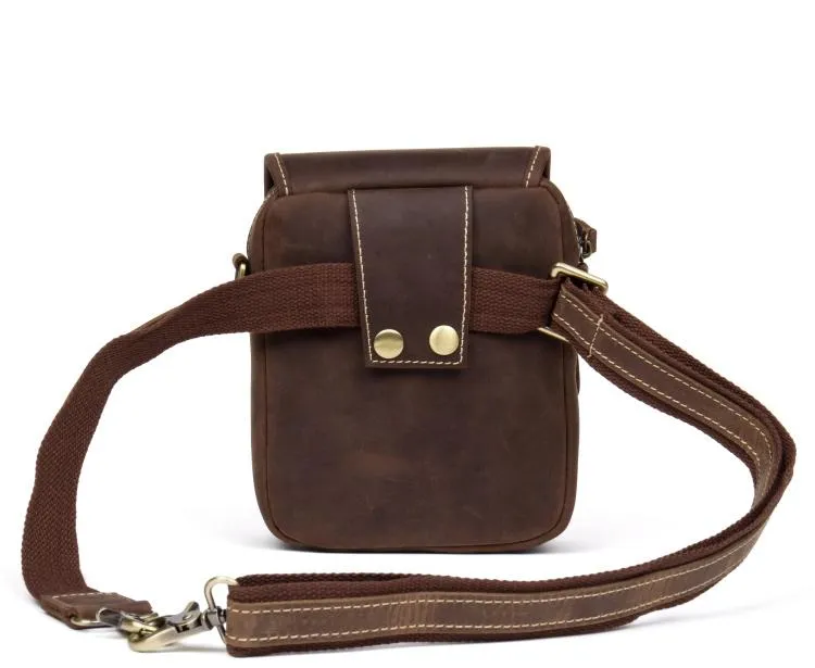 Dark Brown Casual Leather Mens Small Side Bag Messenger Bag Waist Bag Belt Pouch for Men