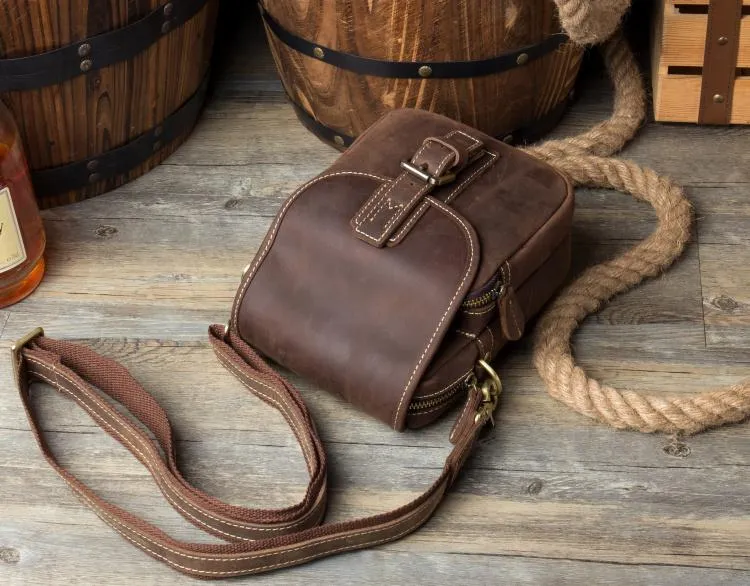 Dark Brown Casual Leather Mens Small Side Bag Messenger Bag Waist Bag Belt Pouch for Men