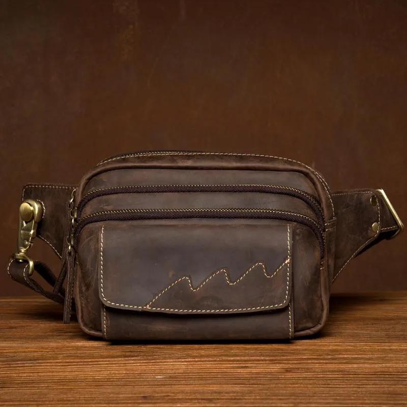 Dark Brown Leather Fanny Pack Mens Waist Bag Hip Pack Belt Bags Bumbags for Men