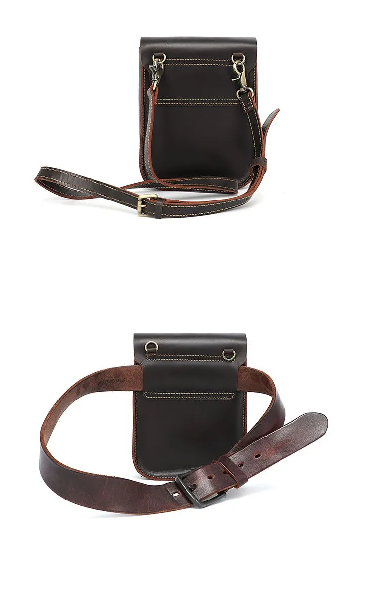 Dark Brown Vintage Leather Mens Small Messenger Bag Waist Bag Belt Pouch Bag For Men