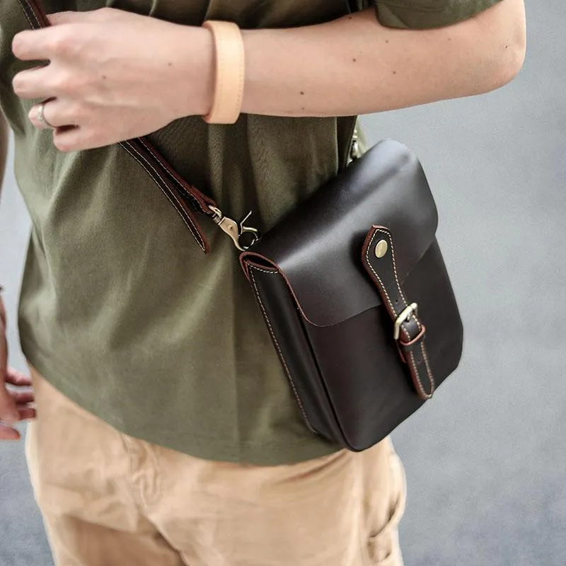 Dark Brown Vintage Leather Mens Small Messenger Bag Waist Bag Belt Pouch Bag For Men