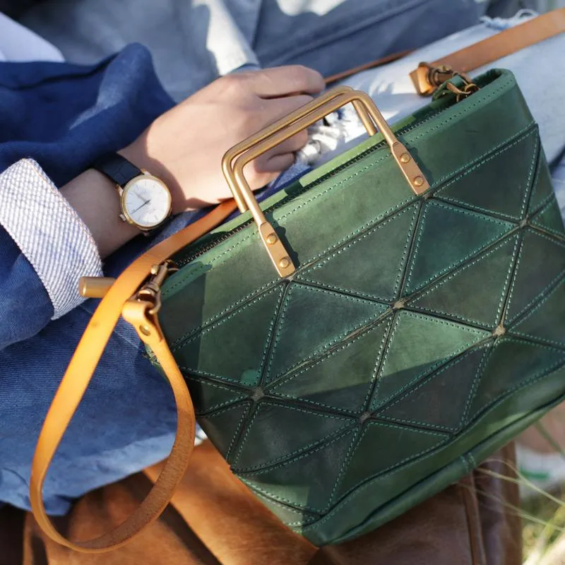 Dark Green Womens Leather Satchel Tote Bag Brown Bucket Bag With Zipper Handbag Shoulder Bag