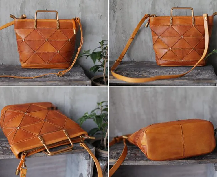 Dark Green Womens Leather Satchel Tote Bag Brown Bucket Bag With Zipper Handbag Shoulder Bag