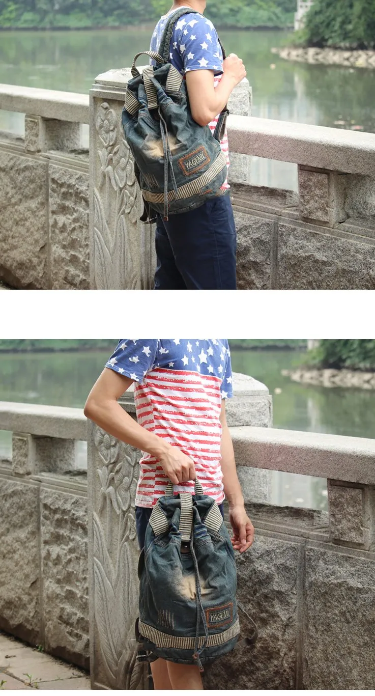 Denim Blue Mens Womens Large Barrel Backpack Laptop Backpack Bucket Jean Travel Backpacks For Men