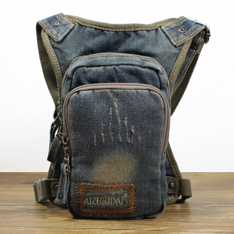 Denim Jean Mens Waist Bag DropLeg Pouch Bag Blue Hip Bag Fanny Pack For Men