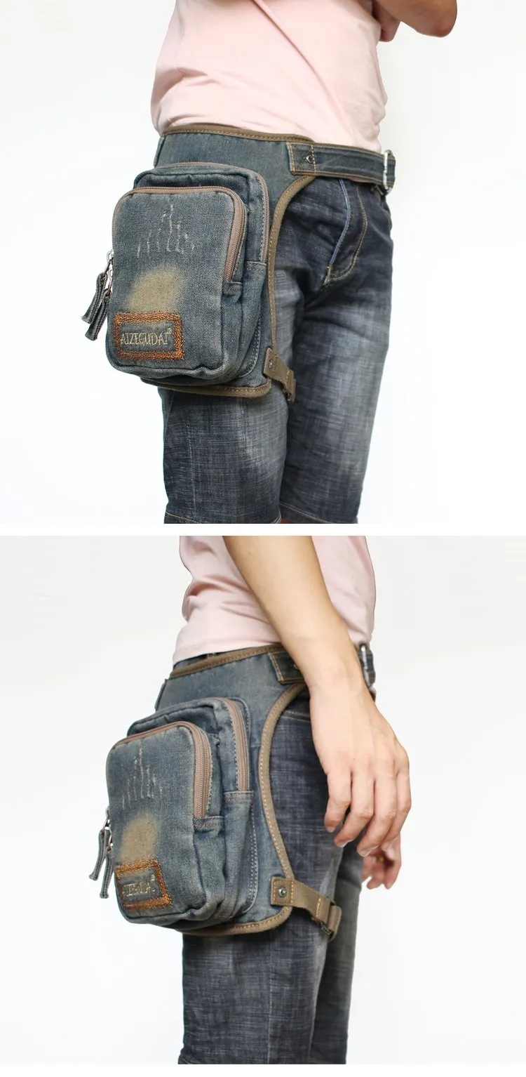 Denim Jean Mens Waist Bag DropLeg Pouch Bag Blue Hip Bag Fanny Pack For Men