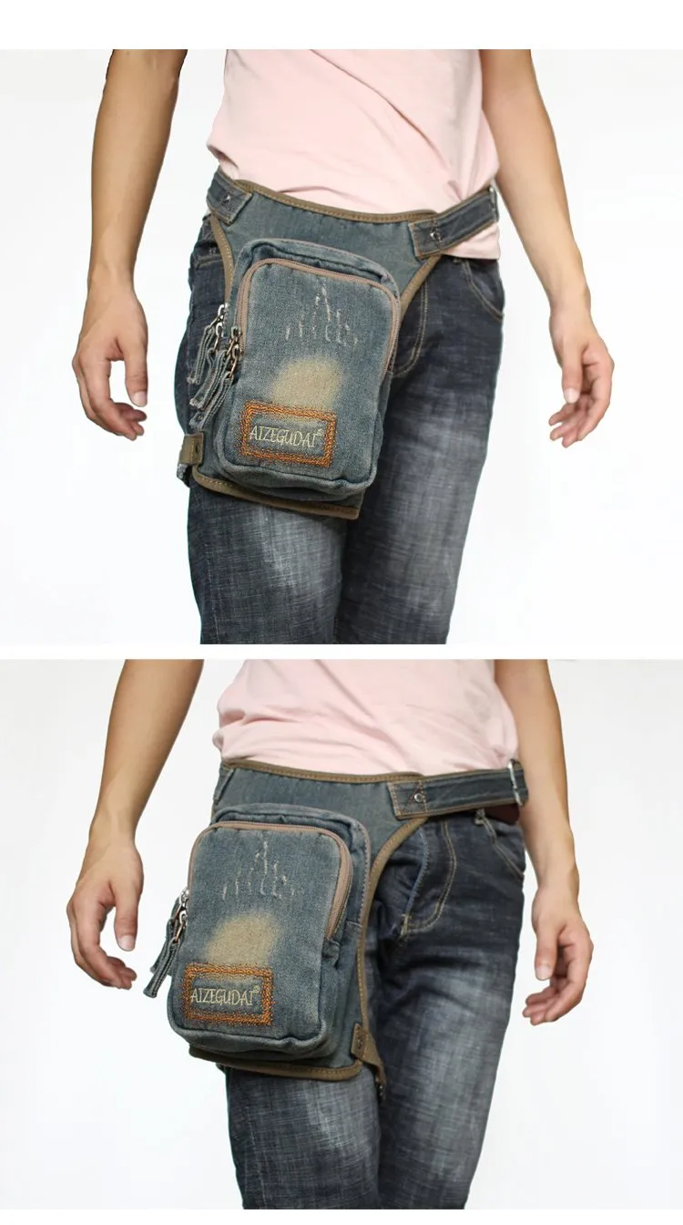 Denim Jean Mens Waist Bag DropLeg Pouch Bag Blue Hip Bag Fanny Pack For Men