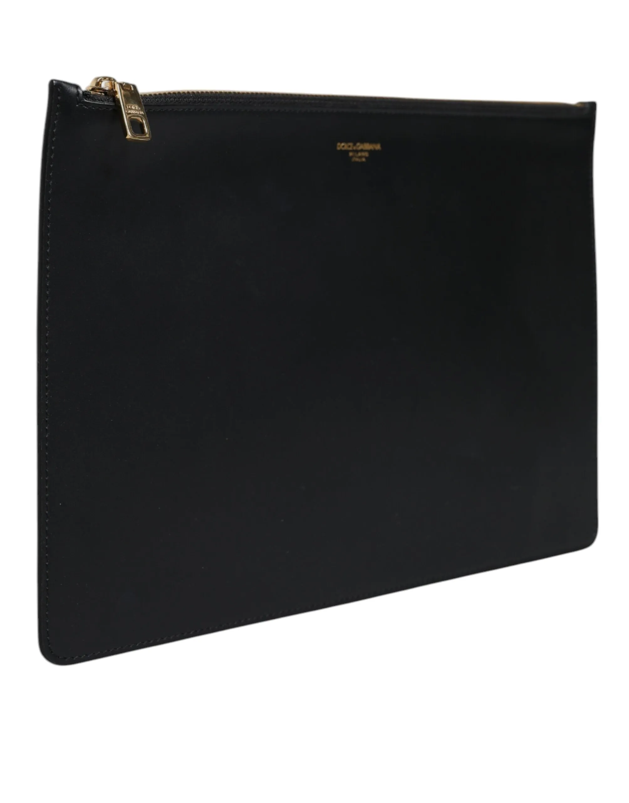 Dolce & Gabbana Black Solid Leather DG Logo Clutch Zip Pouch Bag