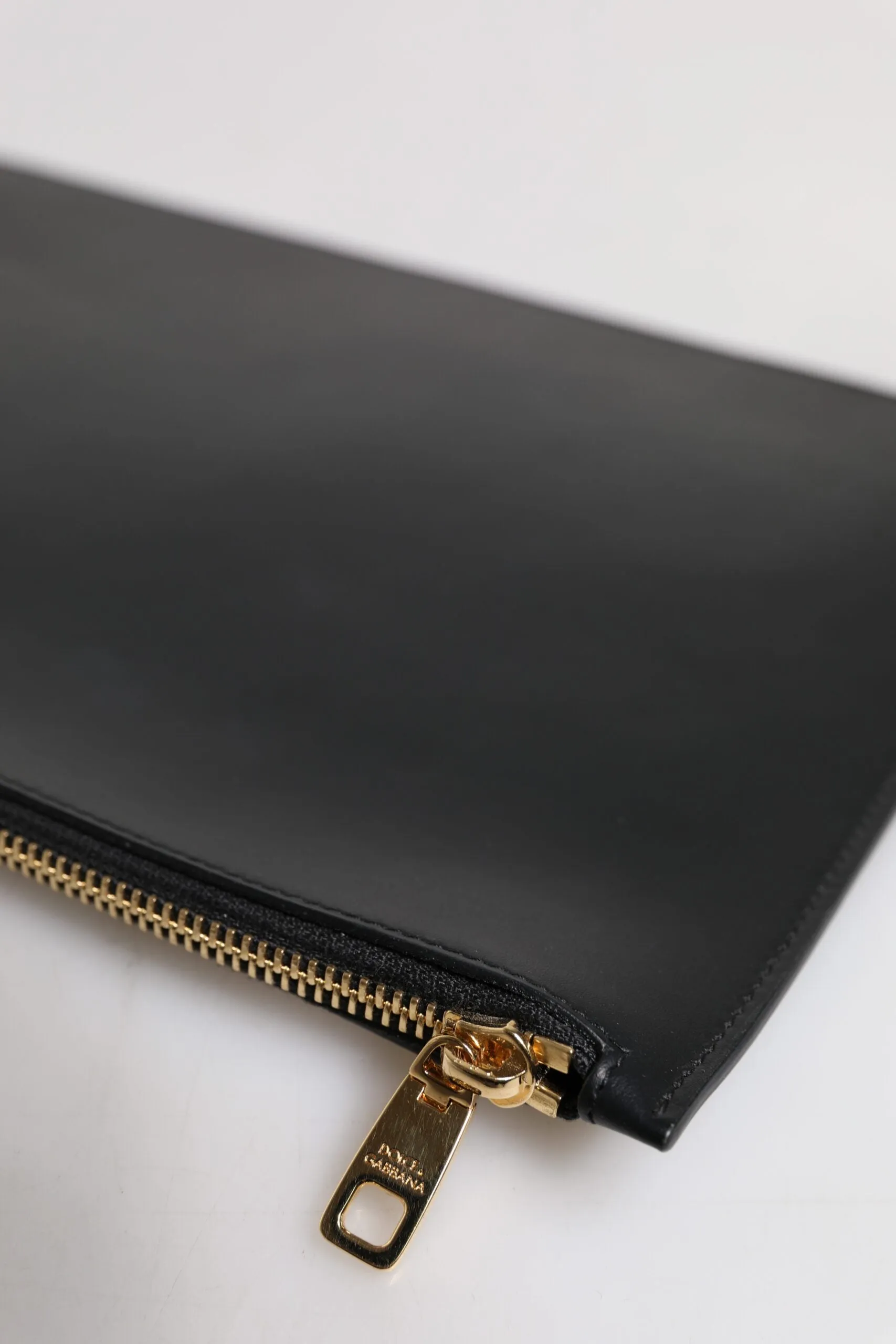 Dolce & Gabbana Black Solid Leather DG Logo Clutch Zip Pouch Bag