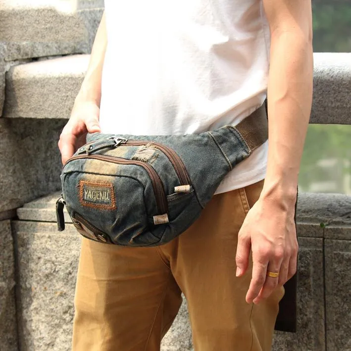 Fashion Jeans Denim Blue Mens Fanny Pack Waist Bag Jeans Blue Canvas Hip Bag For Men