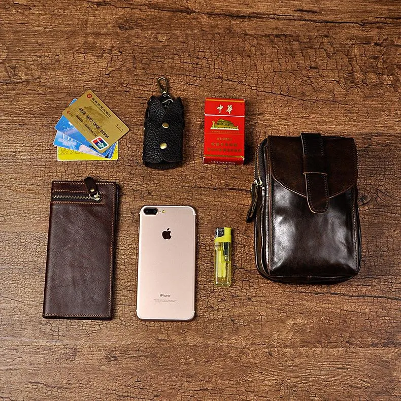 Fashion Leather Men's Belt Pouch Cell Phone Holsters Brown Mini Waist Bag For Men