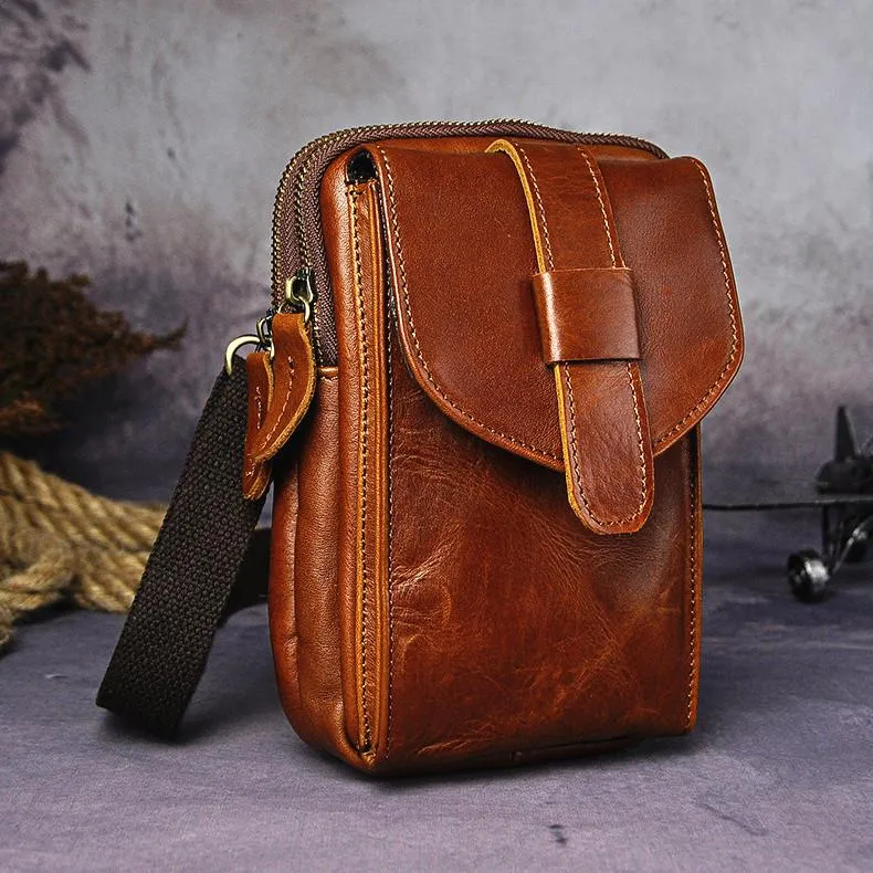 Fashion Leather Men's Belt Pouch Cell Phone Holsters Brown Mini Waist Bag For Men