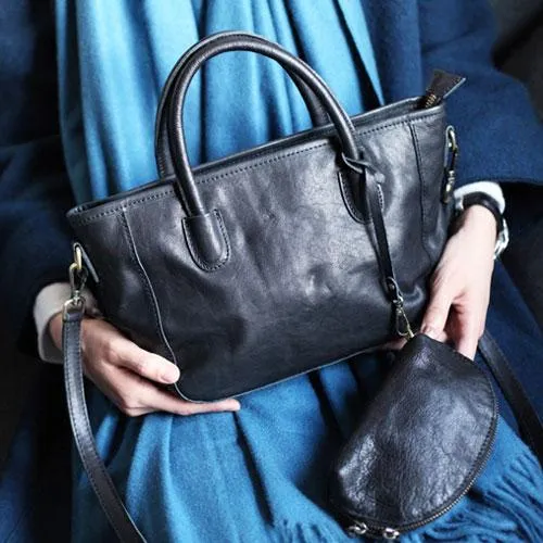 Fashion Womens Black Leather Satchel Handbags Bucket Handbags Side Purse for Ladies