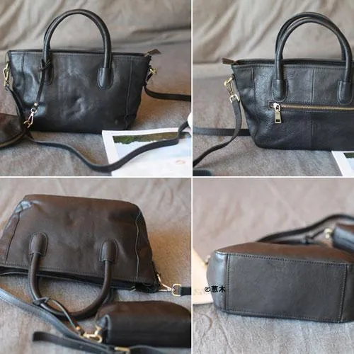 Fashion Womens Black Leather Satchel Handbags Bucket Handbags Side Purse for Ladies