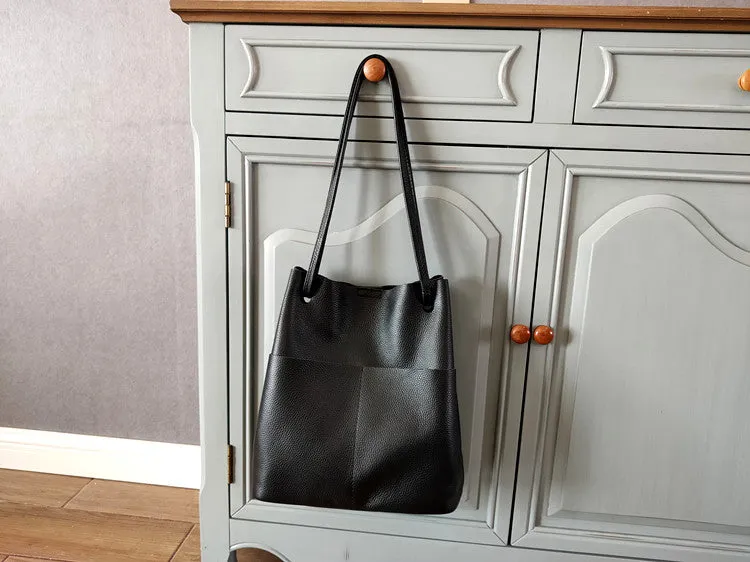 Fashion Womens Black Leather Tote Bag Vertical Brown Shoulder Tote Bag Bucket Tote For Women