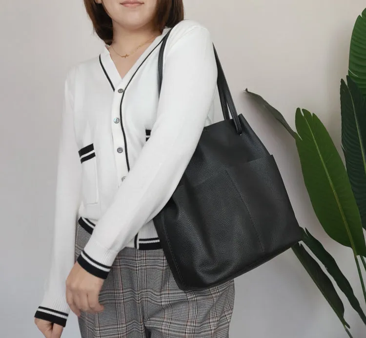 Fashion Womens Black Leather Tote Bag Vertical Brown Shoulder Tote Bag Bucket Tote For Women