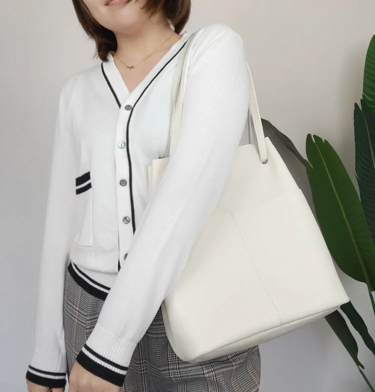 Fashion Womens Black Leather Tote Bag Vertical Brown Shoulder Tote Bag Bucket Tote For Women