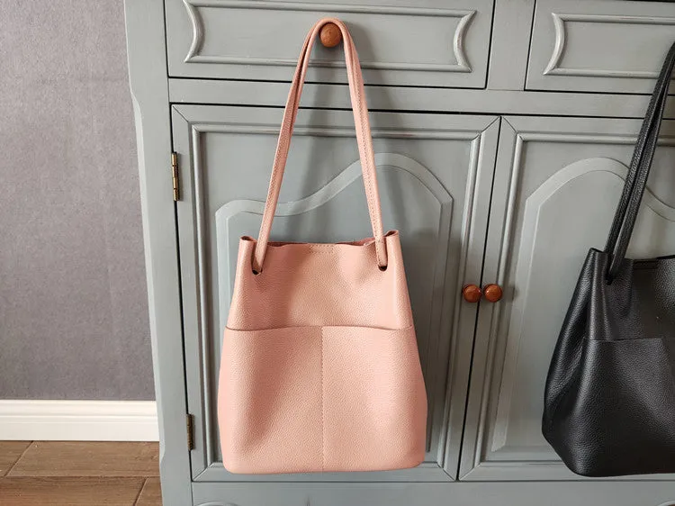 Fashion Womens Black Leather Tote Bag Vertical Brown Shoulder Tote Bag Bucket Tote For Women