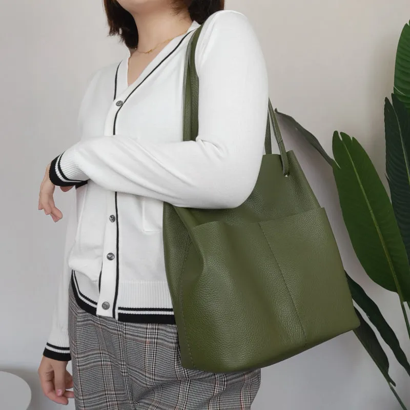 Fashion Womens Black Leather Tote Bag Vertical Brown Shoulder Tote Bag Bucket Tote For Women
