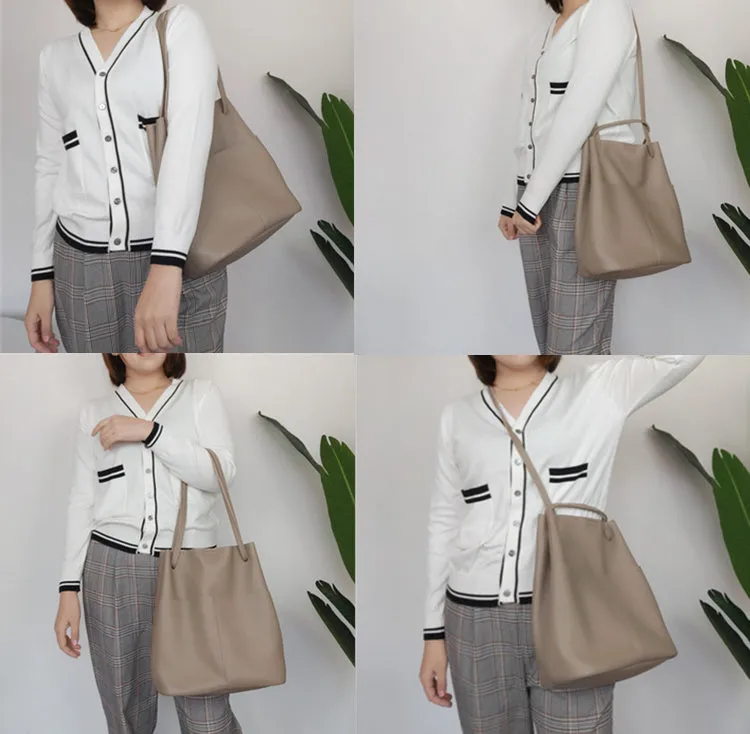 Fashion Womens Black Leather Tote Bag Vertical Brown Shoulder Tote Bag Bucket Tote For Women