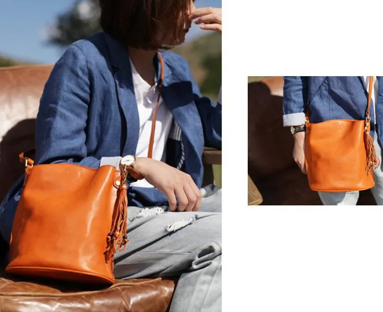 Fashion Womens Brown Leather Bucket Shoulder Bag Tan Bucket Side Bag Crossbody Bag for Ladies