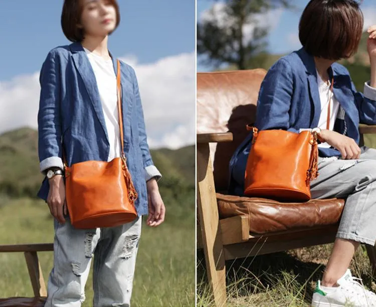 Fashion Womens Brown Leather Bucket Shoulder Bag Tan Bucket Side Bag Crossbody Bag for Ladies