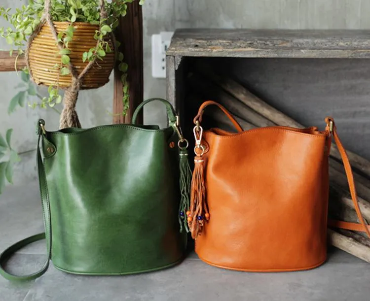 Fashion Womens Brown Leather Bucket Shoulder Bag Tan Bucket Side Bag Crossbody Bag for Ladies
