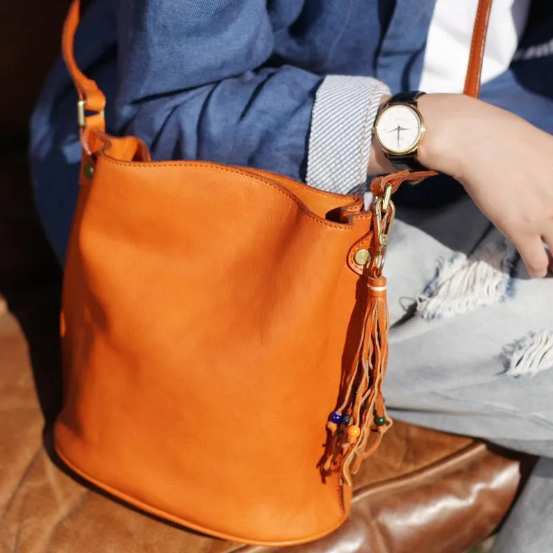 Fashion Womens Brown Leather Bucket Shoulder Bag Tan Bucket Side Bag Crossbody Bag for Ladies