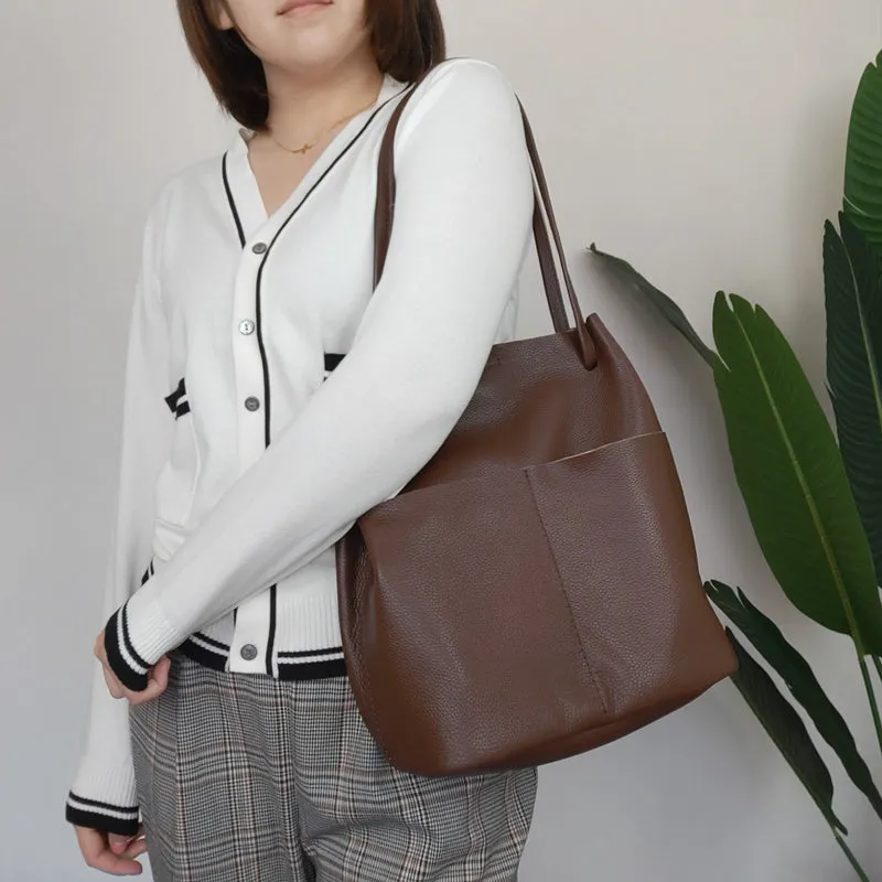 Fashion Womens Khaki Leather Tote Bag Vertical Coffee Shoulder Tote Bag Bucket Tote For Women