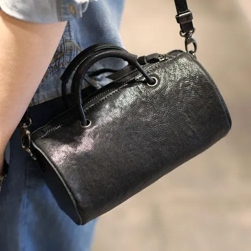 Fashion Womens Small Black Leather Barrel Handbag Bucket Black Shoulder Bag Crossbody Bag Purse