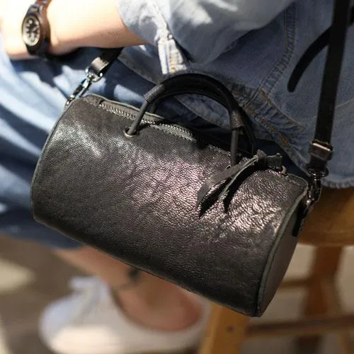 Fashion Womens Small Black Leather Barrel Handbag Bucket Black Shoulder Bag Crossbody Bag Purse