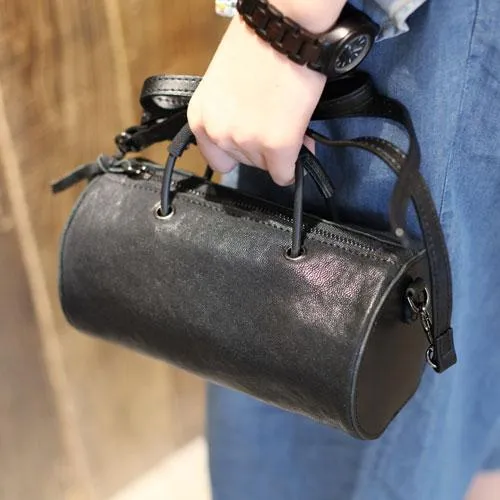 Fashion Womens Small Black Leather Barrel Handbag Bucket Black Shoulder Bag Crossbody Bag Purse