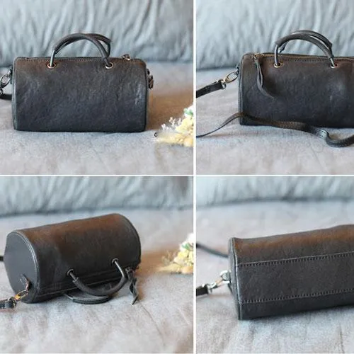 Fashion Womens Small Black Leather Barrel Handbag Bucket Black Shoulder Bag Crossbody Bag Purse