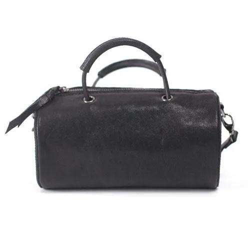 Fashion Womens Small Black Leather Barrel Handbag Bucket Black Shoulder Bag Crossbody Bag Purse