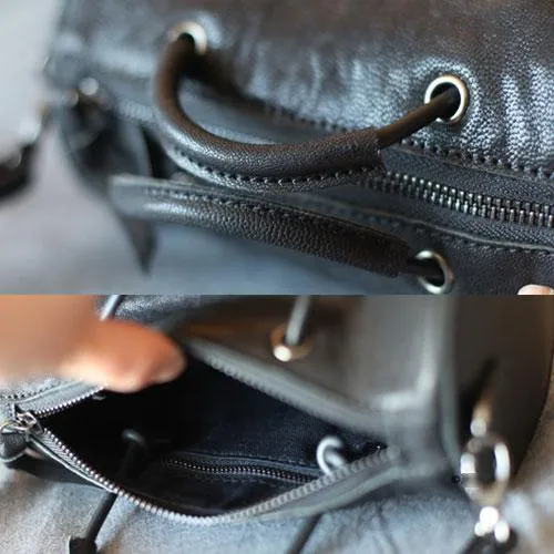 Fashion Womens Small Black Leather Barrel Handbag Bucket Black Shoulder Bag Crossbody Bag Purse
