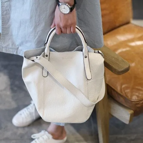 Fashion Womens White Leather Bucket Vertical Tote Bag Bucket Black Shoulder Bag Bucket Handbag Purse