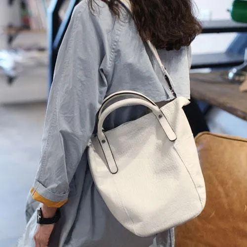 Fashion Womens White Leather Bucket Vertical Tote Bag Bucket Black Shoulder Bag Bucket Handbag Purse