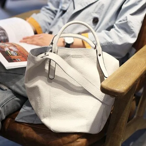 Fashion Womens White Leather Bucket Vertical Tote Bag Bucket Black Shoulder Bag Bucket Handbag Purse