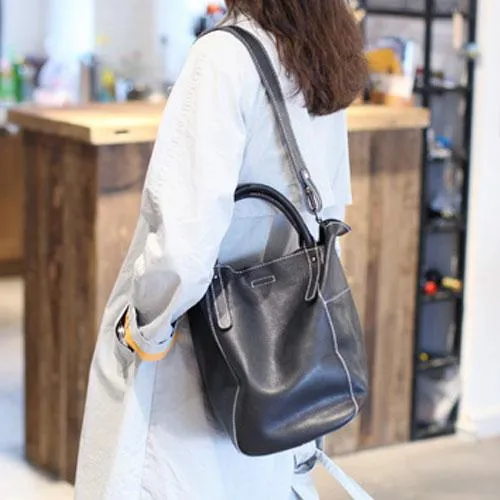 Fashion Womens White Leather Bucket Vertical Tote Bag Bucket Black Shoulder Bag Bucket Handbag Purse