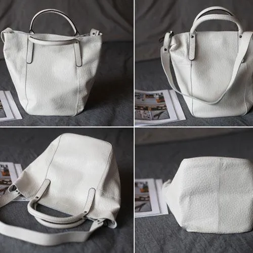 Fashion Womens White Leather Bucket Vertical Tote Bag Bucket Black Shoulder Bag Bucket Handbag Purse