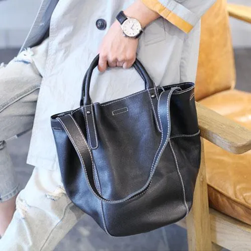Fashion Womens White Leather Bucket Vertical Tote Bag Bucket Black Shoulder Bag Bucket Handbag Purse