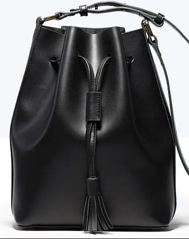 Genuine Black Leather bucket bag shoulder bag for women leather Barrel crossbody bag